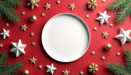 Christmas Holiday Round Frame Mockup Collection with Red and Green Festive Backgrounds, Golden Bokeh Lights, Pine Branches, Snow, Stars, Candy Canes, and Christmas Decorations, Blank Circular Space fo
