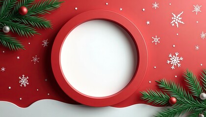 Christmas Holiday Round Frame Mockup Collection with Red and Green Festive Backgrounds, Golden Bokeh Lights, Pine Branches, Snow, Stars, Candy Canes, and Christmas Decorations, Blank Circular Space fo