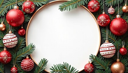 Christmas Holiday Round Frame Mockup Collection with Red and Green Festive Backgrounds, Golden Bokeh Lights, Pine Branches, Snow, Stars, Candy Canes, and Christmas Decorations, Blank Circular Space fo