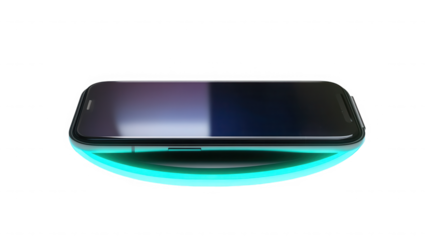 Smartphone charging wirelessly on a glowing pad against a on transparent background