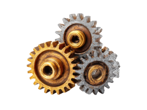 Interlocking metallic gears with brass and steel finishes image, Isolated, Png Transparent Background