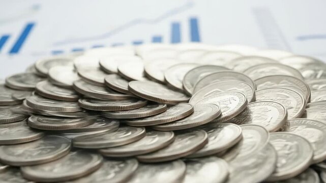 A close-up shot of US coins, neatly stacked, with a blurred graph in the background