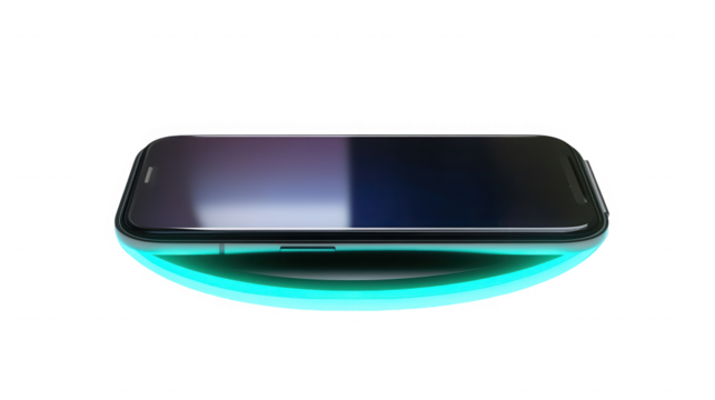 Smartphone charging wirelessly on a glowing pad against a on transparent background