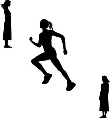 Silhouettes of Young girl running and standing alone.