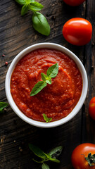 Homemade tomato sauce with fresh basil in white bowl on dark wooden table, natural Mediterranean style.