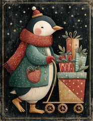 Whimsical vintage Christmas illustrations collection with cute snowmen, Santa Claus, reindeer, penguins, gingerbread characters, nutcrackers, festive elves, snow globes, winter wonderland scenes, cozy