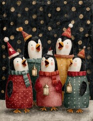 Whimsical vintage Christmas illustrations collection with cute snowmen, Santa Claus, reindeer, penguins, gingerbread characters, nutcrackers, festive elves, snow globes, winter wonderland scenes, cozy