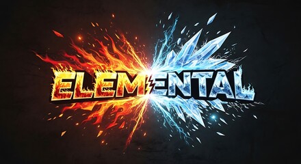 Elemental text art with fire and ice elements on a dark background in digital illustration style