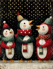 Whimsical vintage Christmas illustrations collection with cute snowmen, Santa Claus, reindeer, penguins, gingerbread characters, nutcrackers, festive elves, snow globes, winter wonderland scenes, cozy