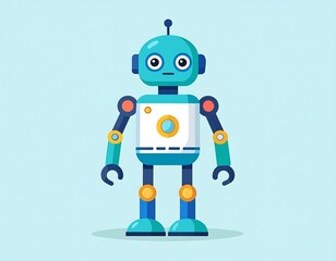 Colorful cartoon robot with large eyes, a spherical body, and an antenna