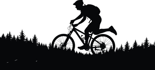 Obraz premium Silhouette of a mountain biker riding a bicycle through a forest with trees isolated on transparent background