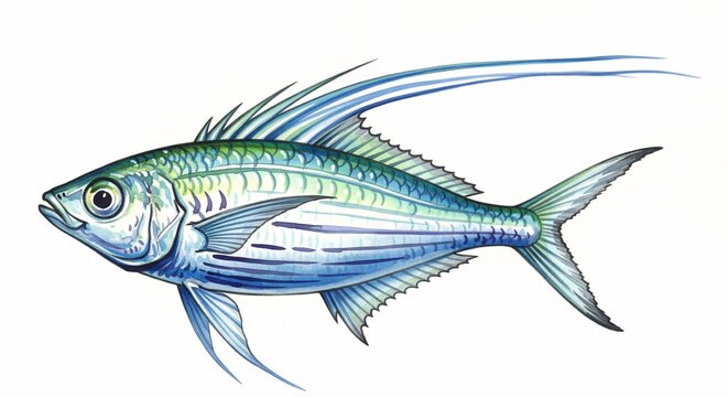 Threadfin fish Watercolor style digital painting for graphic design decoration, gifts or print design, animals, fish in water, river, sea, lake life