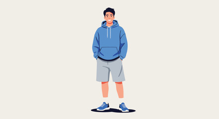 A young man in a blue hoodie and grey shorts stands with his hands in his pockets.
