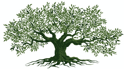 Obraz premium Detailed green olive tree illustration with deep roots and lush foliage, symbolizing peace, strength, and Mediterranean nature.