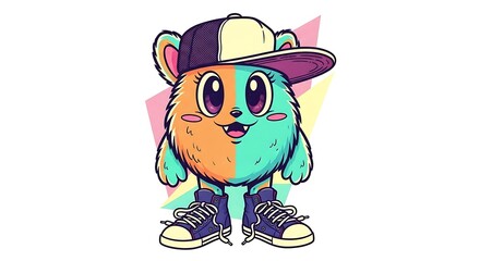 Cartoon monster with a baseball cap and sneakers standing against a geometric background design art
