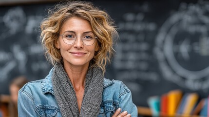 A confident woman with curly hair and glasses smiles, standing in front of a chalkboard filled with scientific equations.