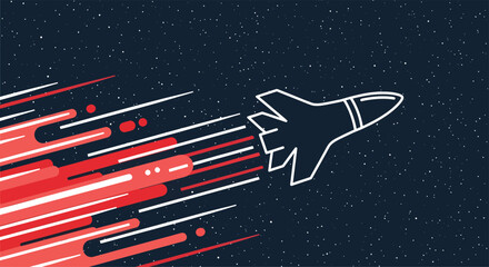 Rocket ship soars through the vast expanse of space, leaving a trail of fiery red energy, symbolizing innovation and exploration.