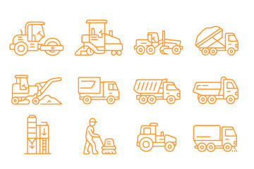 Set of 9 minimalist orange icons showing asphalt and road maintenance machinery such as compactors and dump trucks, perfect for civil construction visuals.