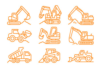 Set of 9 minimalist orange icons showing heavy excavation and ground leveling machinery like dump trucks and scrapers, ideal for building and road projects.
