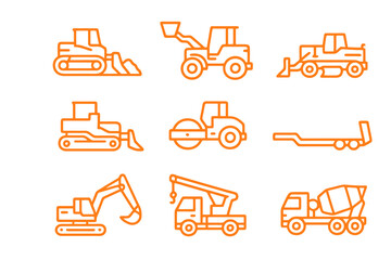 Set of 9 minimalist orange icons showing road and construction machines such as excavator, roller, and hauler, ideal for building and transport visuals.