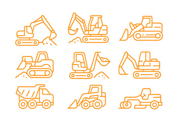 Orange thin line vector icons of excavators, loaders, and bulldozers for construction, earthmoving, and civil engineering design, perfect for industry visuals.