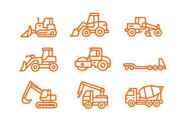 Orange thin line vector icons of construction vehicles like bulldozer, grader, and mixer, perfect for industrial, engineering, and heavy equipment design.