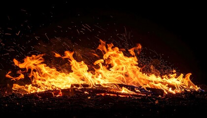 Wide Shot of a Spreading Bonfire with Numerous Flames and Flying Sparks, Illuminating a Dark and Expansive Area