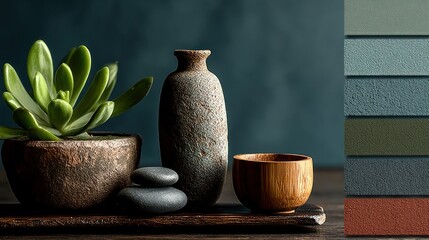 A minimalist arrangement featuring a succulent plant, textured pottery, and smooth stones against a muted backdrop, creating a serene aesthetic.