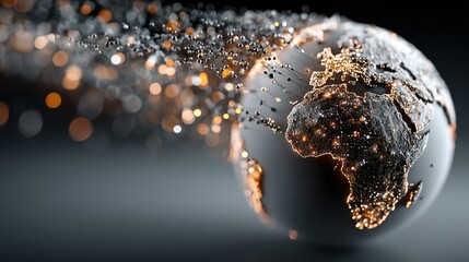 A digitally rendered globe emitting light particles, illustrating global connectivity and technological advancement.