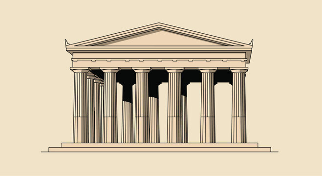 Illustrated Greek temple showcasing classical architecture, with columns, pediment, and a simple, minimalist design on a beige background.