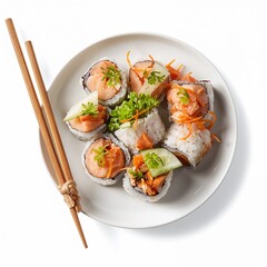 Plate of sushi rolls with chopsticks, isolated on white background.