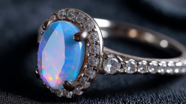 A sophisticated diamond-encrusted opal ring, a rare stone, set on a black velvet backdrop