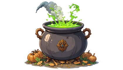 A bubbling cauldron filled with vibrant green potion, emitting smoke and magical energy, surrounded by pumpkins and autumn leaves, isolated on white background