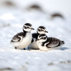 Fototapeta premium Three adorable penguin chicks illustration huddled together on a snowy arctic landscape under bright daylight