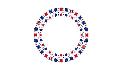 Colorful circular design composed of blue and red stars and dots, white background