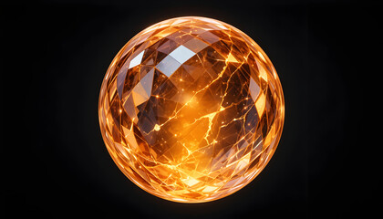 A radiant, faceted crystal sphere pulsating with internal golden energy and light, set against a stark black background, evoking cosmic power or a magical artifact