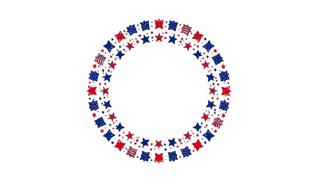 Colorful circular design composed of blue and red stars and dots, white background