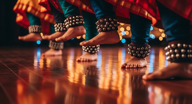 Rhythmic Footwork - Indian Classical Dancers Anklets Gleam on Polished Stage.