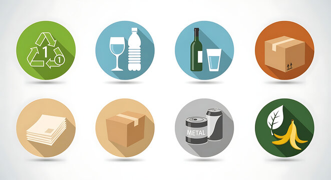 Recycling and waste sorting concept icons, depicting material types paper, plastic, glass, metal, organic waste, promoting environmental sustainability