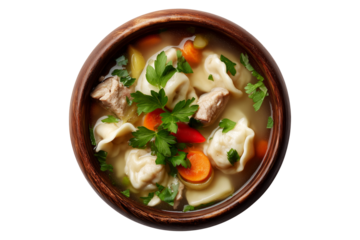 Hot meat pork soup with vegetables and doughboys dumplings in wooden bowl, isolated on white transparent background, concept of New Zealand cuisine
