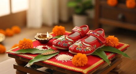Sacred First Steps - Embroidered Red Baby Shoes Blessed in a Hindu Puja Ceremony.