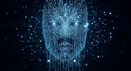 Futuristic AI human face composed of glowing data and binary code, digital identity concept