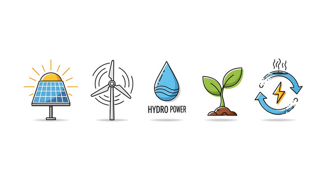 A diverse collection of line art icons representing sustainable energy sources such as solar, wind, and hydro power for green technology concepts