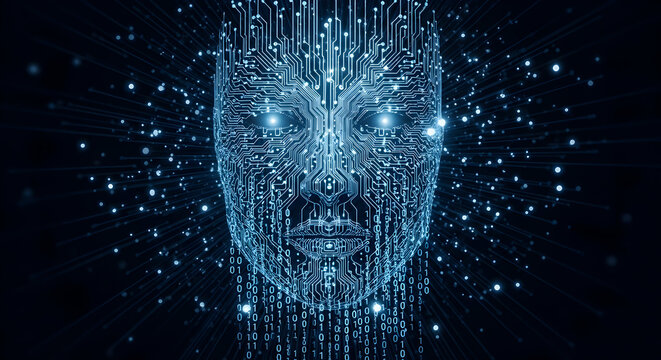 Futuristic AI human face composed of glowing data and binary code, digital identity concept - Powered by Adobe