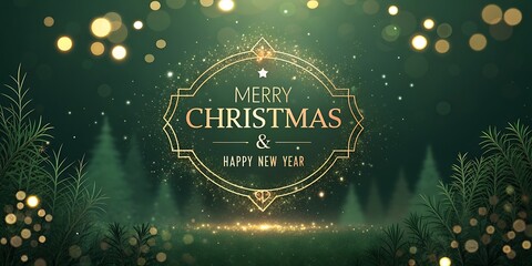 Elegant merry Christmas and happy new year greeting with golden ornate frame and bokeh lights in a festive forest setting.