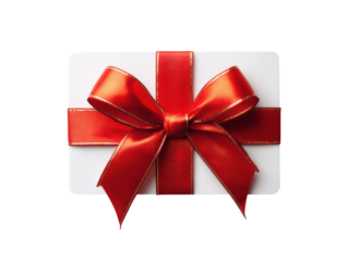 White card with red ribbon and gold trim gift, Isolated, Png Transparent Background