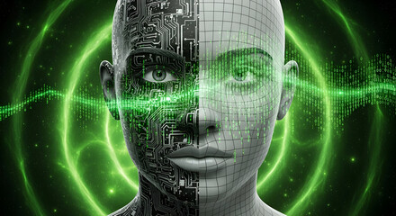 AI Human Face: Digital Grid, Circuitry & Green Energy Flow. Concept of Artificial Intelligence, Cybernetics, and Future Technology.