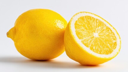 Fresh Yellow Lemon with Half Slice on White Background