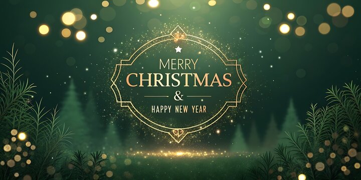 Elegant merry Christmas and happy new year greeting with golden ornate frame and bokeh lights in a festive forest setting.