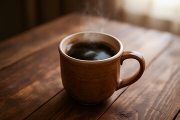 cup of coffee on wooden table